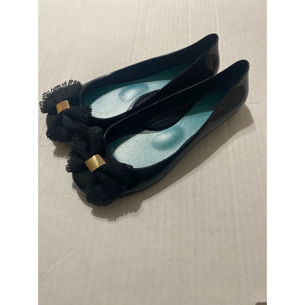 Oka-B Black Jelly Ballet Flats Fringe Bow Waterproof Slip On Women's Size 7
